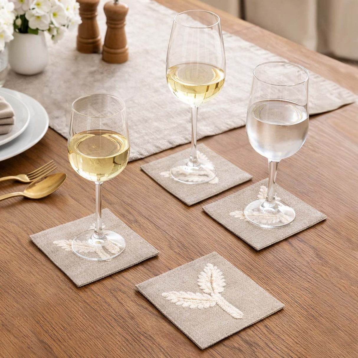 Leaves Embroidered Chambray Coaster Set of 4- Beige