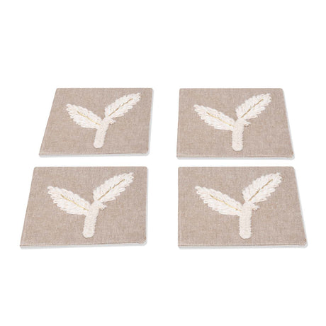 Leaves Embroidered Chambray Coaster Set of 4- Beige