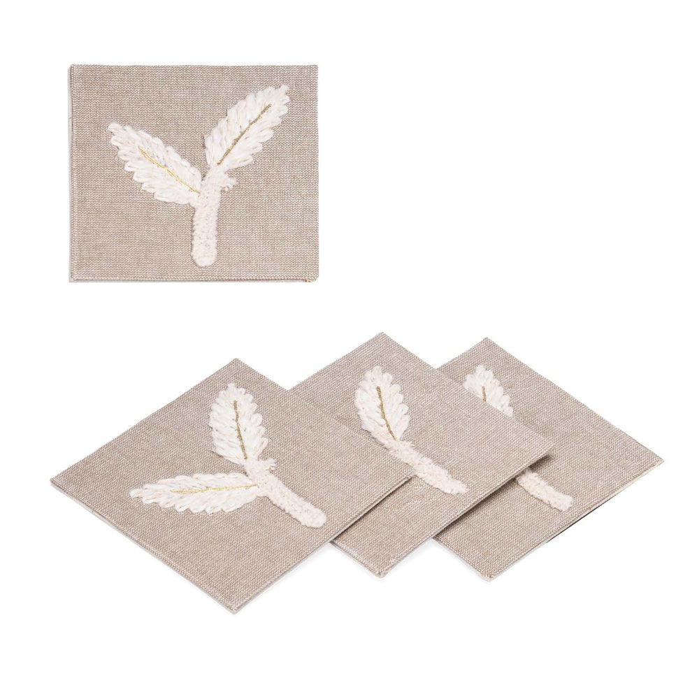 Leaves Embroidered Chambray Coaster Set of 4- Beige