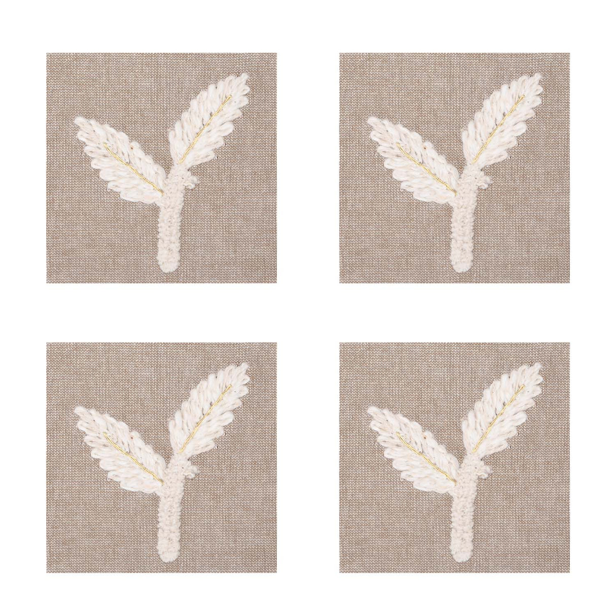 Leaves Embroidered Chambray Coaster Set of 4- Beige