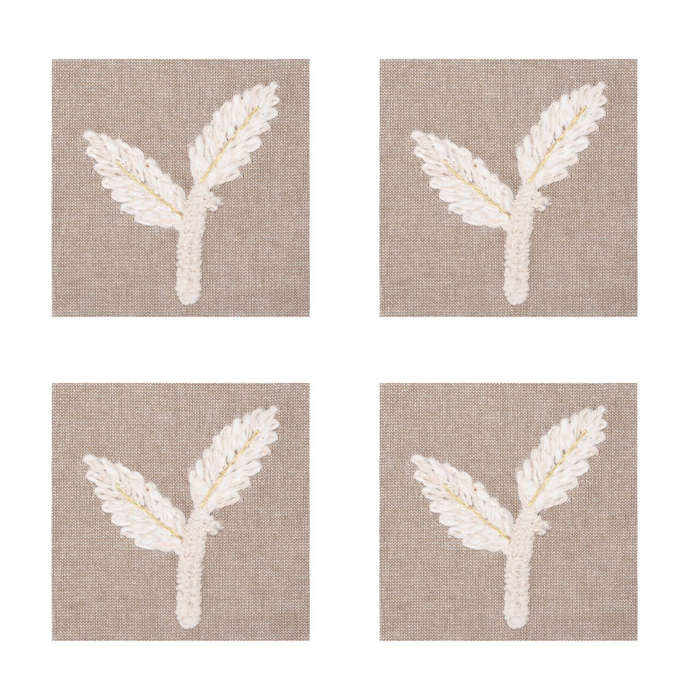 Leaves Embroidered Chambray Coaster Set of 4- Beige