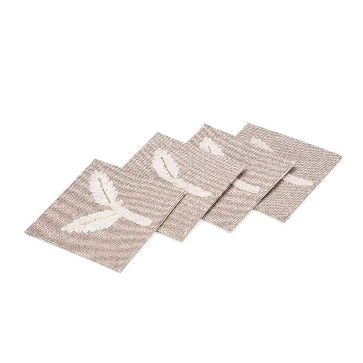 Leaves Embroidered Chambray Coaster Set of 4- Beige