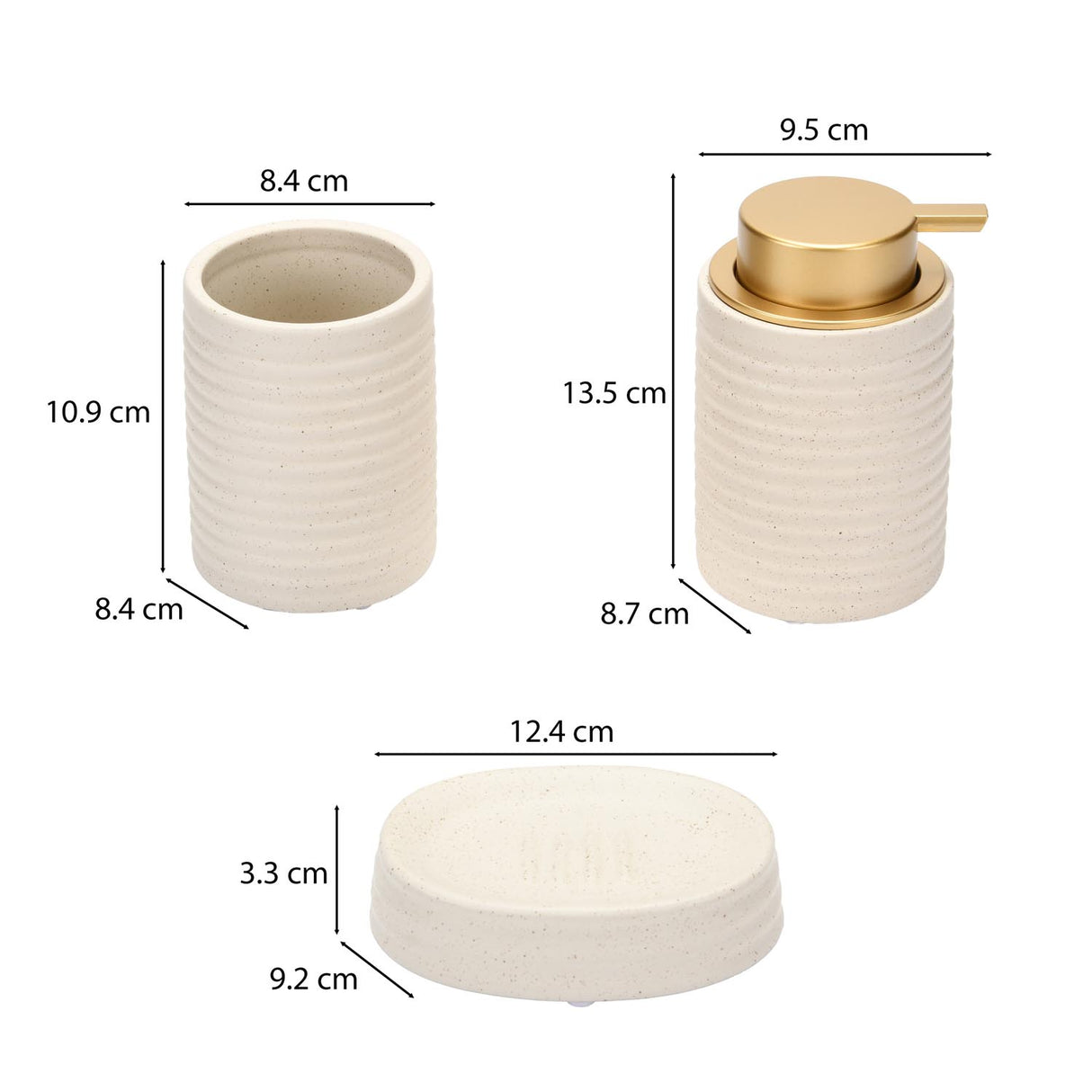 Fluted Stoneware Bath Accessories Set of 3- Cream