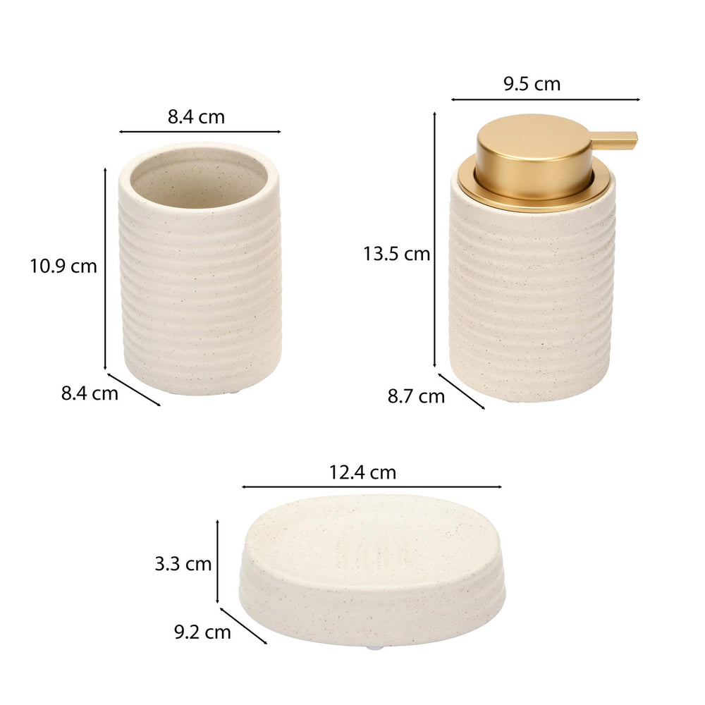 Fluted Stoneware Bath Accessories Set of 3- Cream