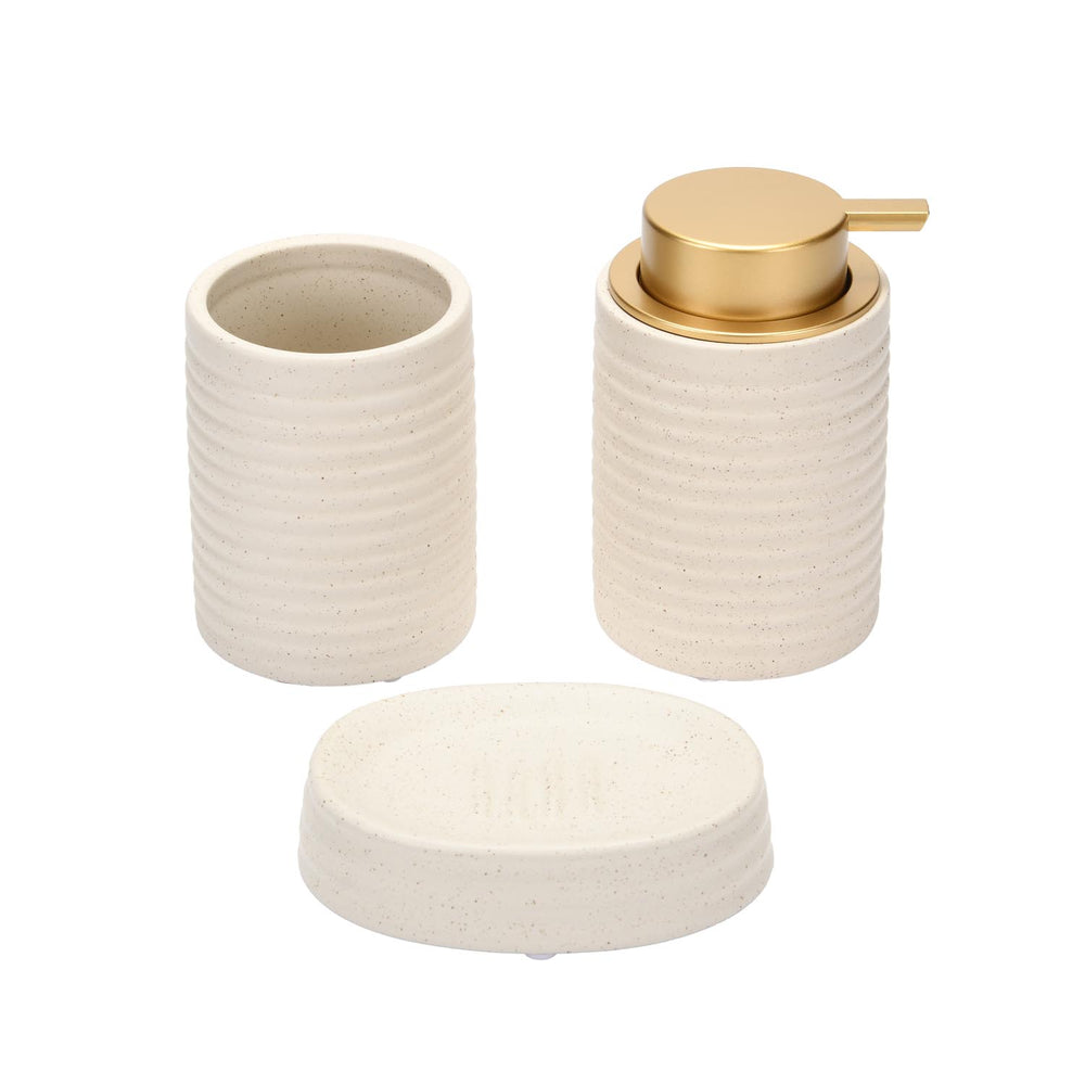 Fluted Stoneware Bath Accessories Set of 3- Cream