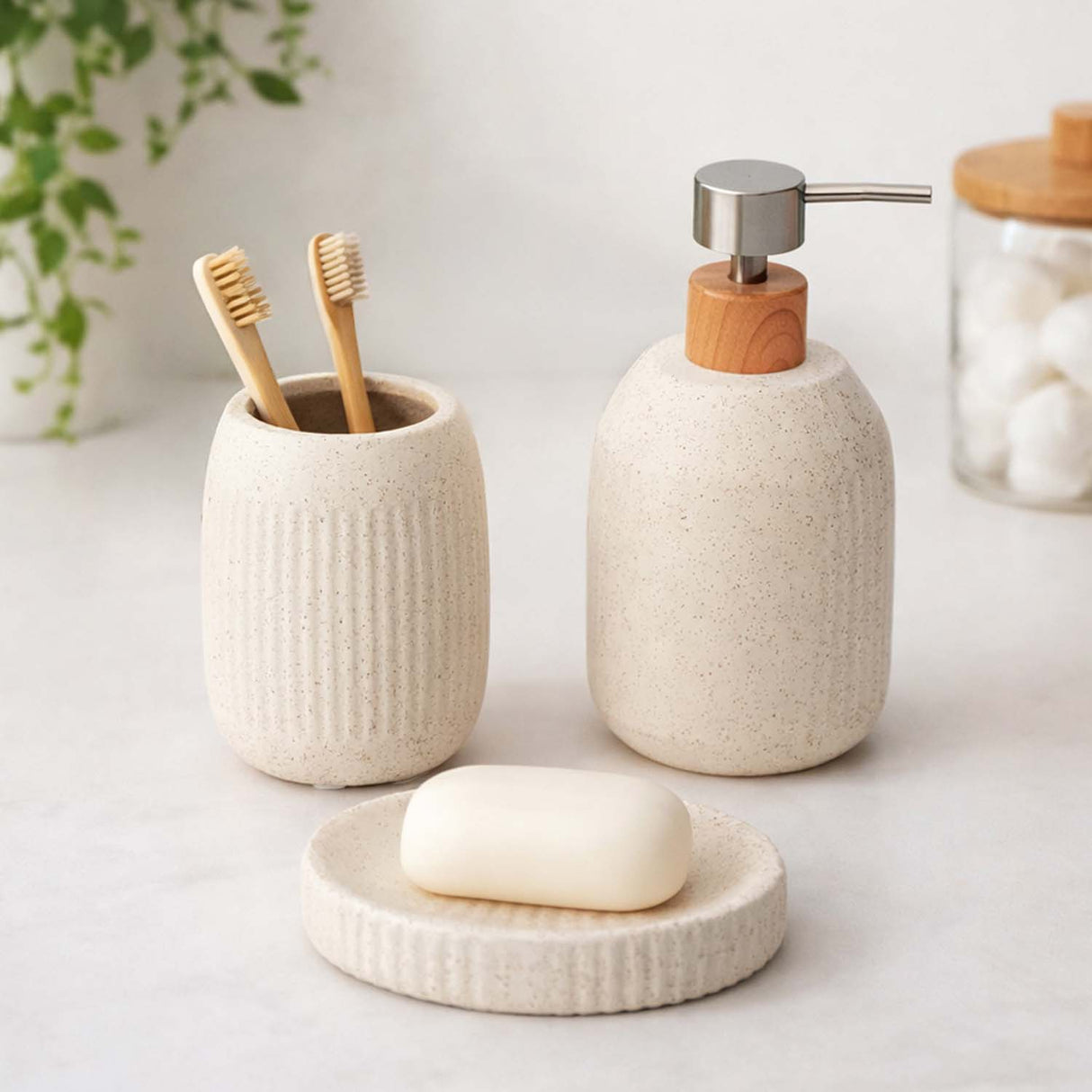Ribbed Stoneware Bath Accessories Set of 3- Cream