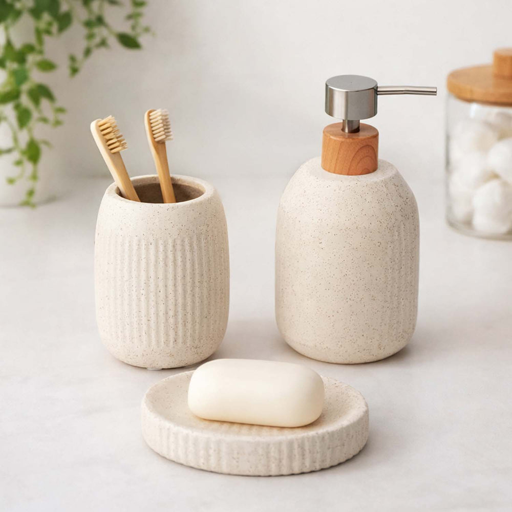 Ribbed Stoneware Bath Accessories Set of 3- Cream