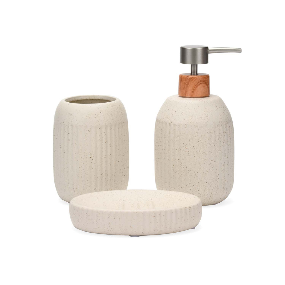 Ribbed Stoneware Bath Accessories Set of 3- Cream