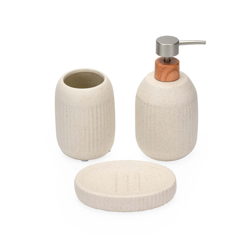 Ribbed Stoneware Bath Accessories Set of 3- Cream