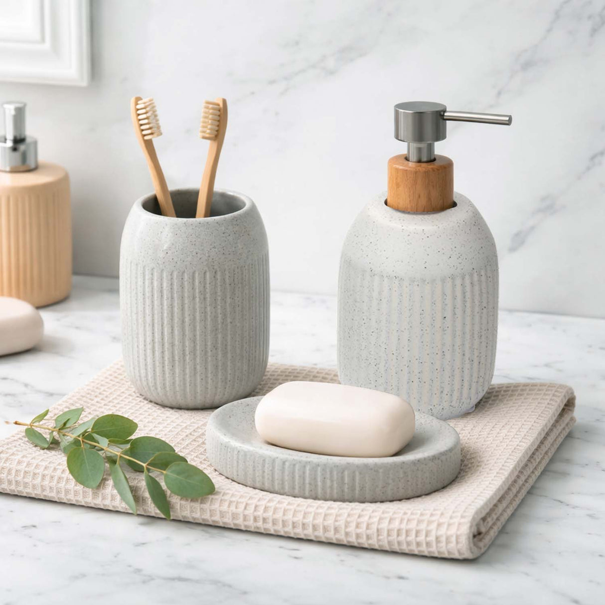 Ribbed Stoneware Bath Accessories Set of 3- Grey