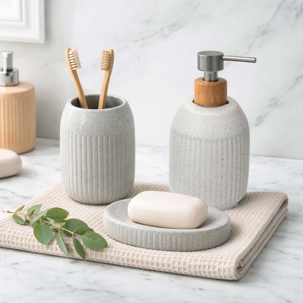 Ribbed Stoneware Bath Accessories Set of 3- Grey