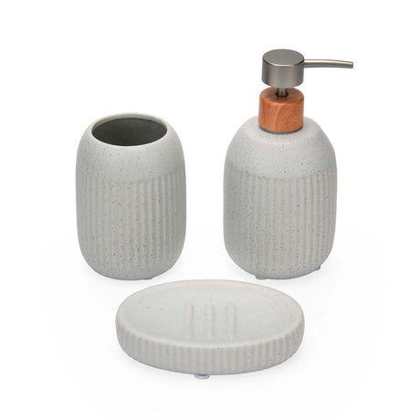 Ribbed Stoneware Bath Accessories Set of 3- Grey