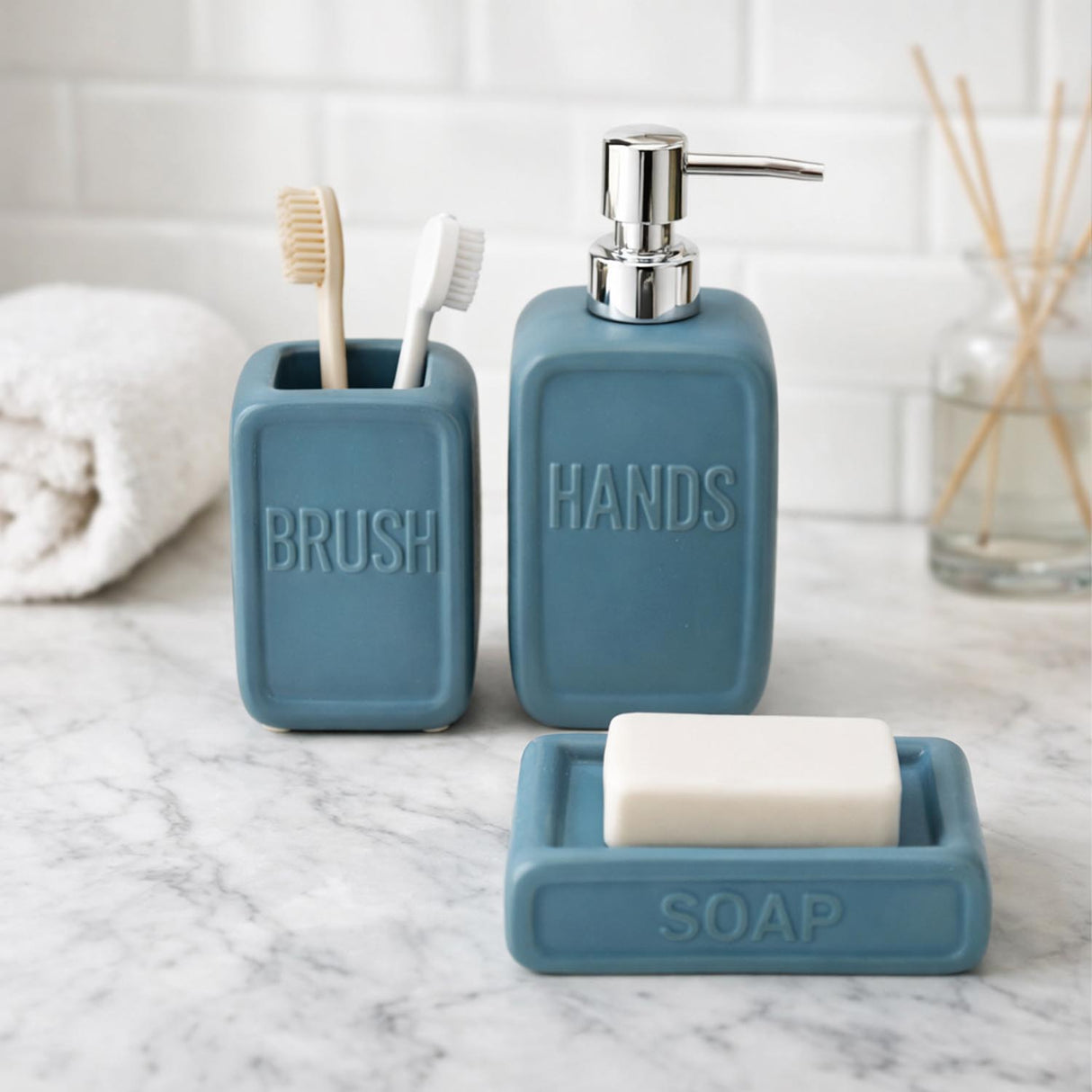 Square Stoneware Bath Accessories Set of 3- Blue