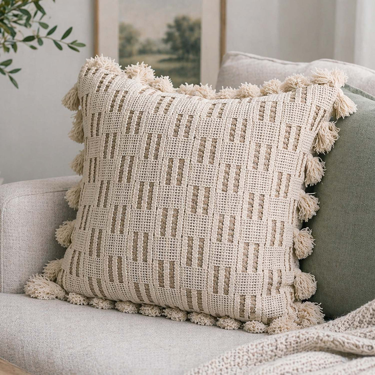 Checks Embroidered Cotton & Polyester 16" x 16" Cushion Cover- Beige & Brown