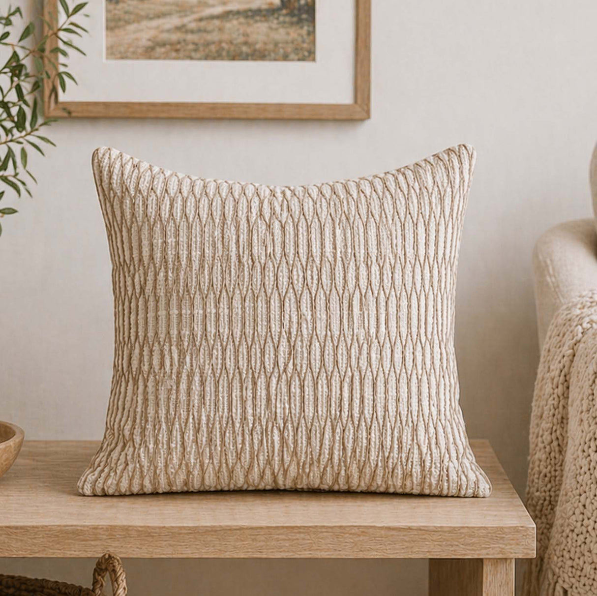 Abstract Embroidered Cotton & Polyester 16" x 16" Cushion Cover- Beige
