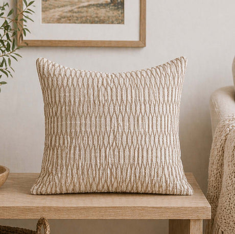 Abstract Embroidered Cotton & Polyester 16" x 16" Cushion Cover- Beige