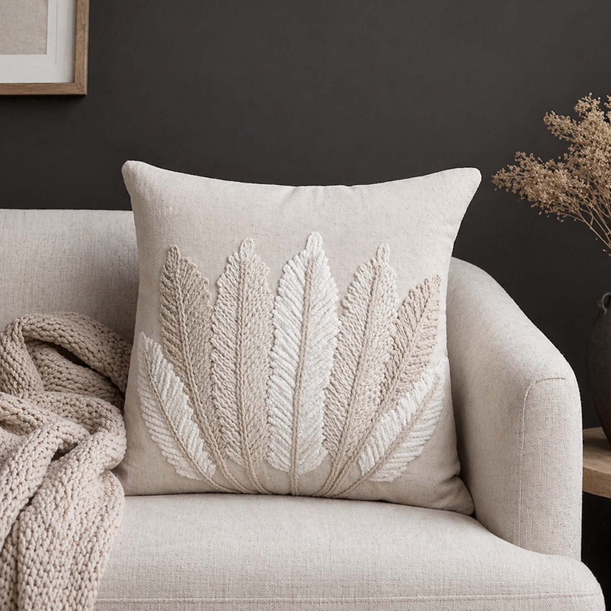 Seven Leaf Cotton & Polyester 16" x 16" Cushion Cover- Beige