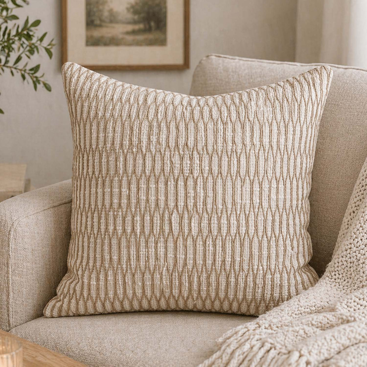 Abstract Embroidered Cotton & Polyester 16" x 16" Cushion Cover- Beige