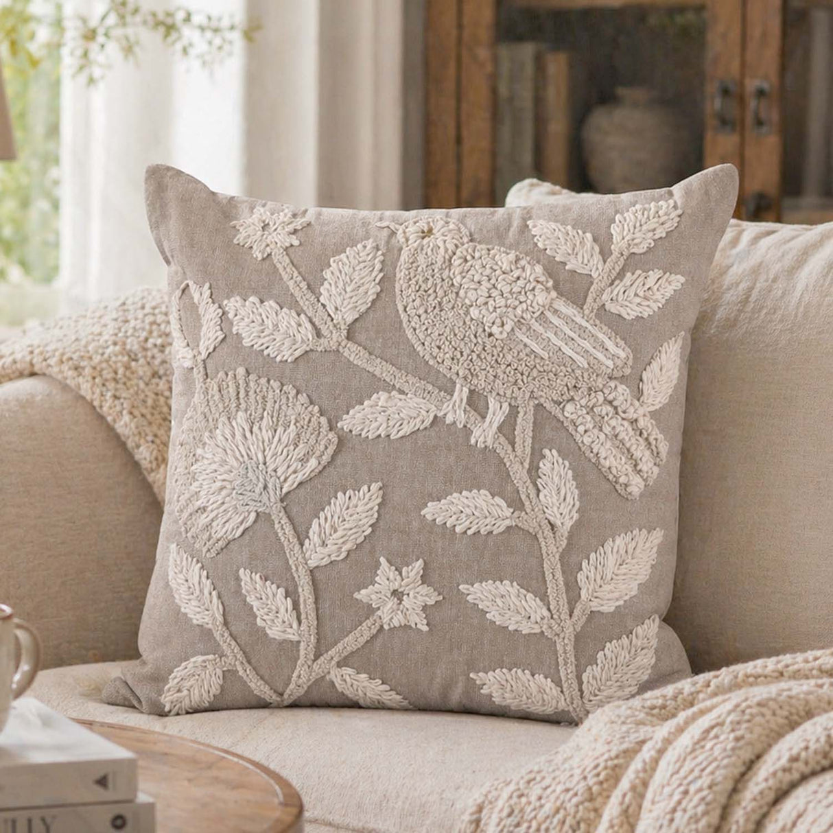 Bird Embroidered Cotton & Polyester 16" x 16" Cushion Cover- Beige