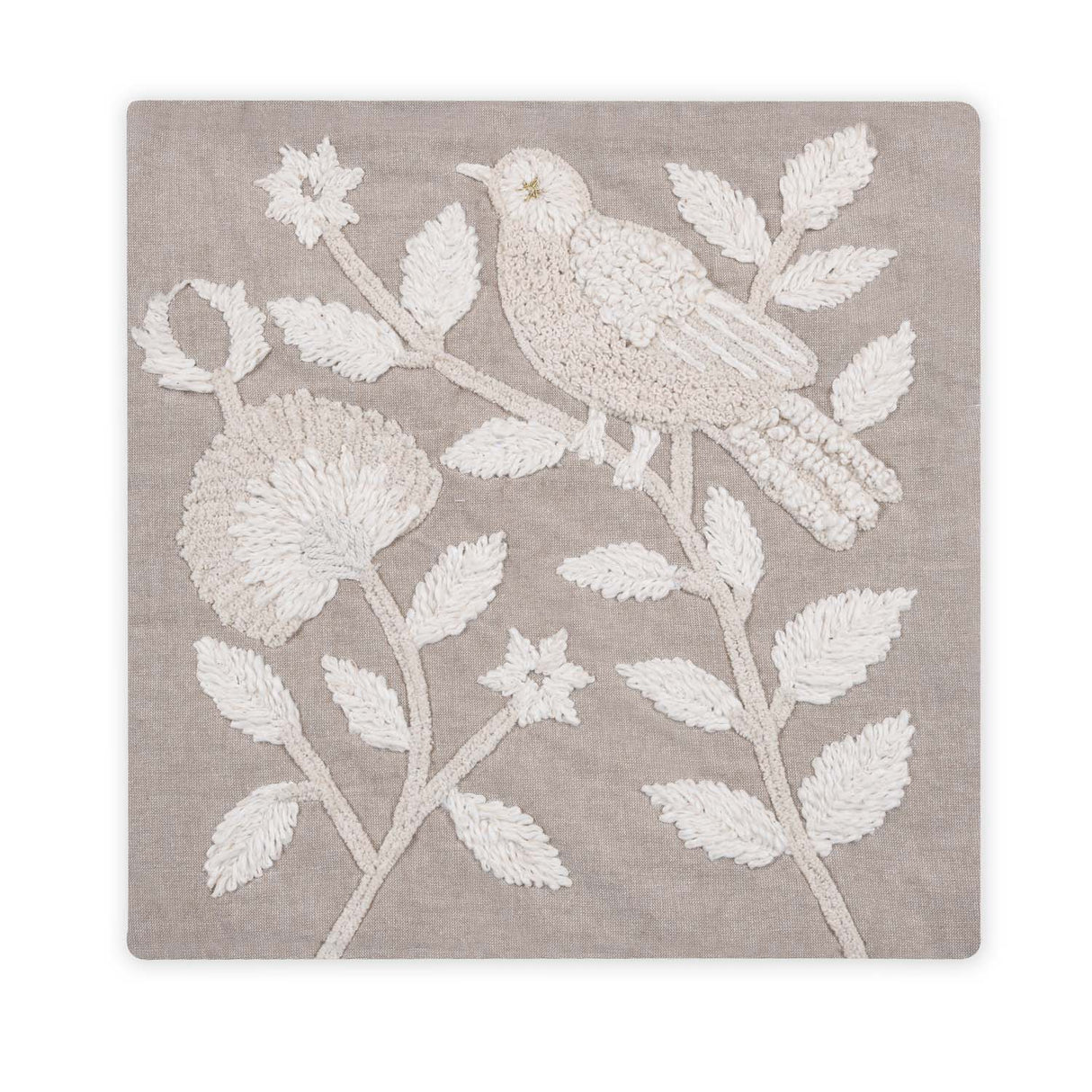 Bird Embroidered Cotton & Polyester 16" x 16" Cushion Cover- Beige