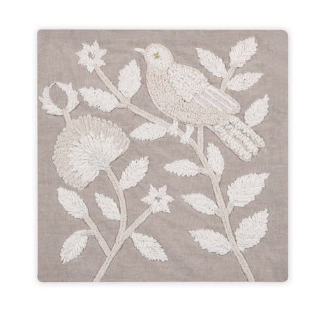 Bird Embroidered Cotton & Polyester 16" x 16" Cushion Cover- Beige