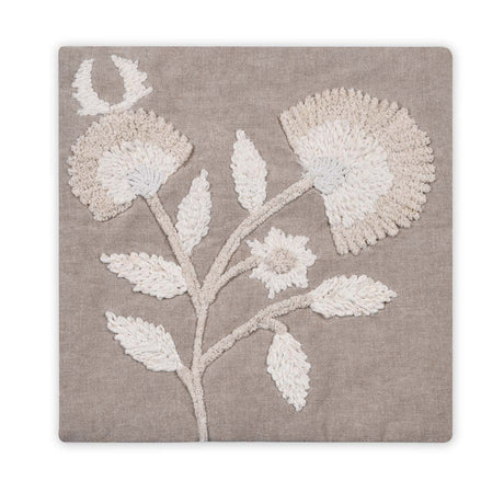 Floral Embroidered Cotton & Polyester 16" x 16" Cushion Cover- Beige