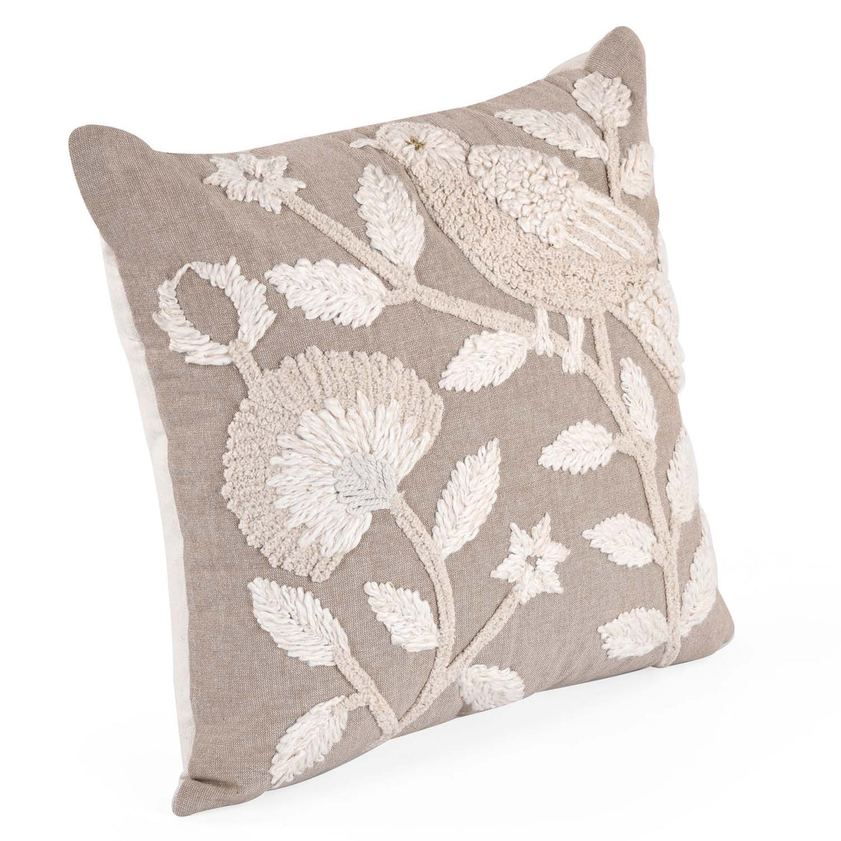 Bird Embroidered Cotton & Polyester 16" x 16" Cushion Cover- Beige