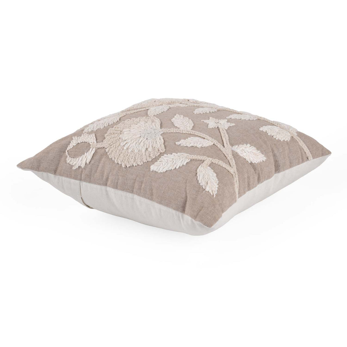 Bird Embroidered Cotton & Polyester 16" x 16" Cushion Cover- Beige