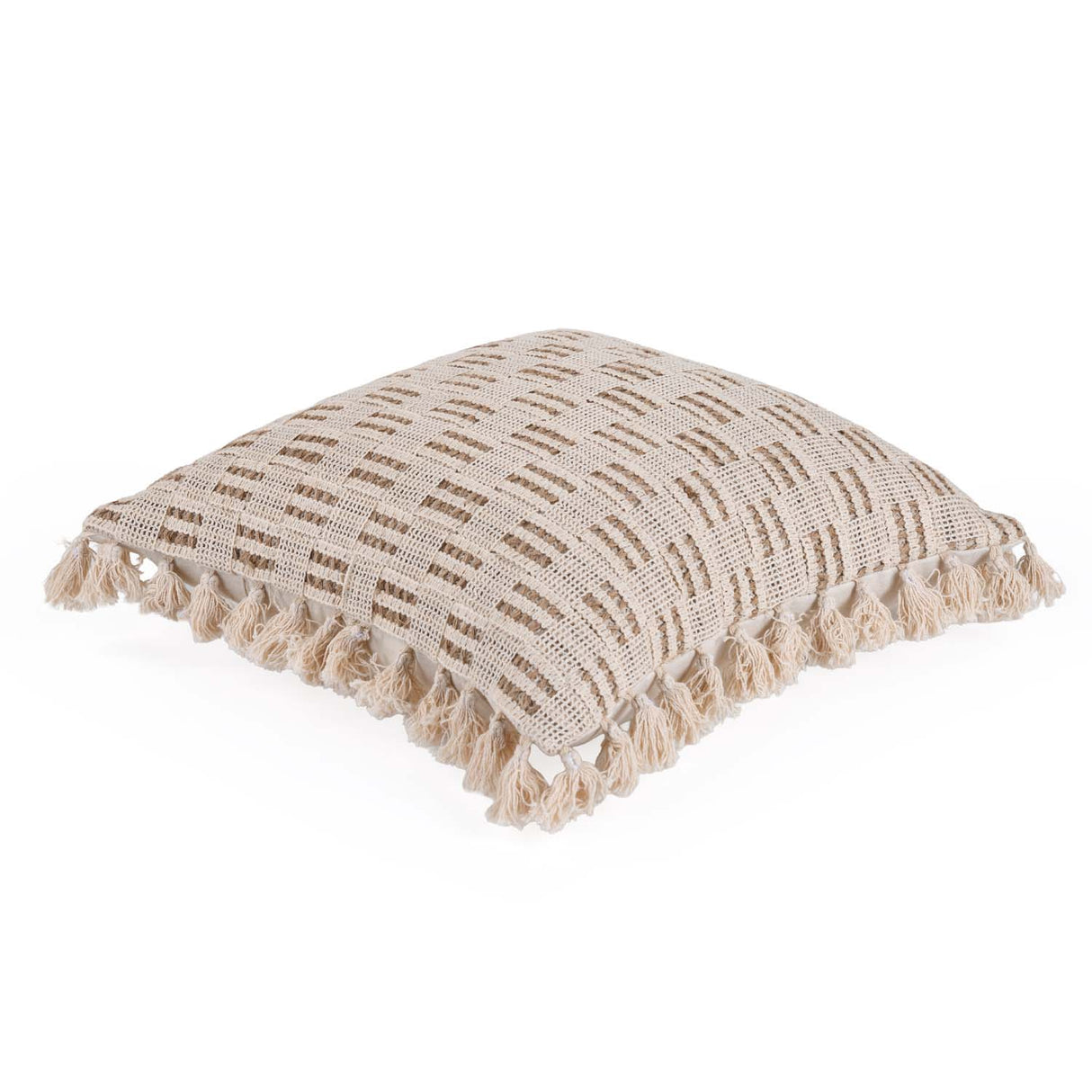 Checks Embroidered Cotton & Polyester 16" x 16" Cushion Cover- Beige & Brown