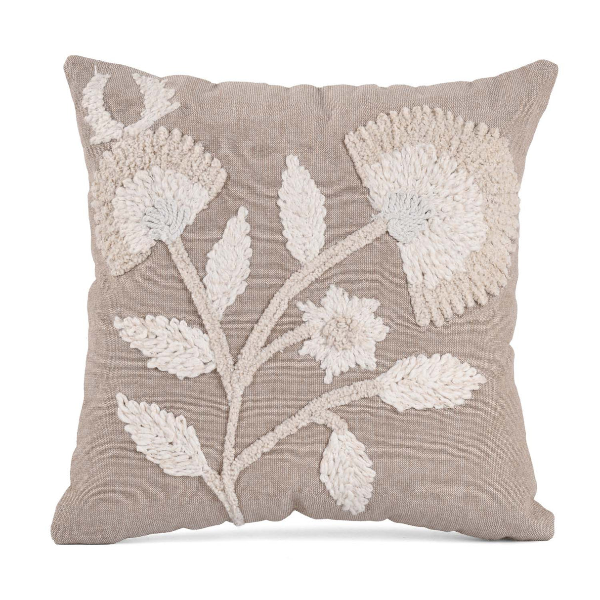 Floral Embroidered Cotton & Polyester 16" x 16" Cushion Cover- Beige