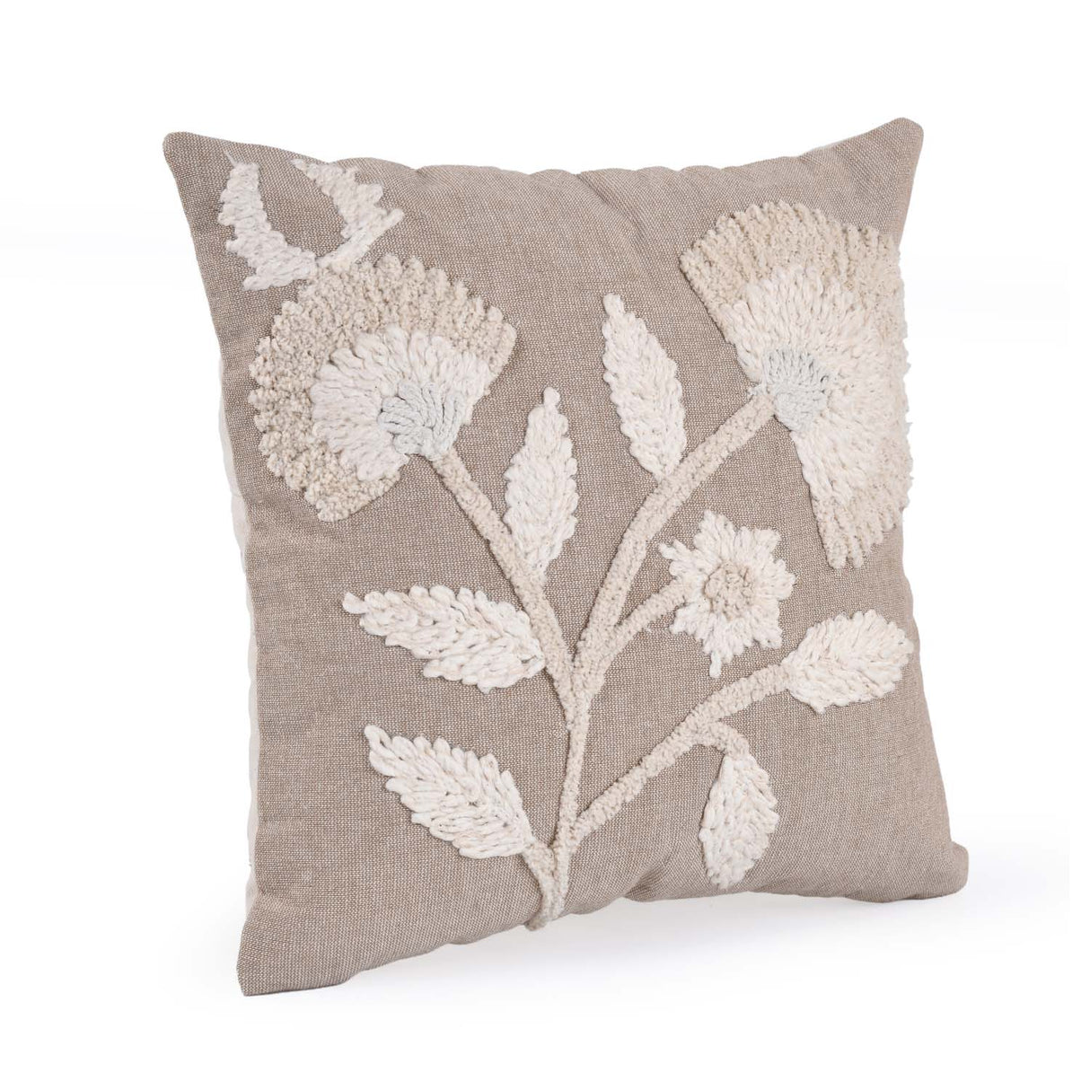 Floral Embroidered Cotton & Polyester 16" x 16" Cushion Cover- Beige