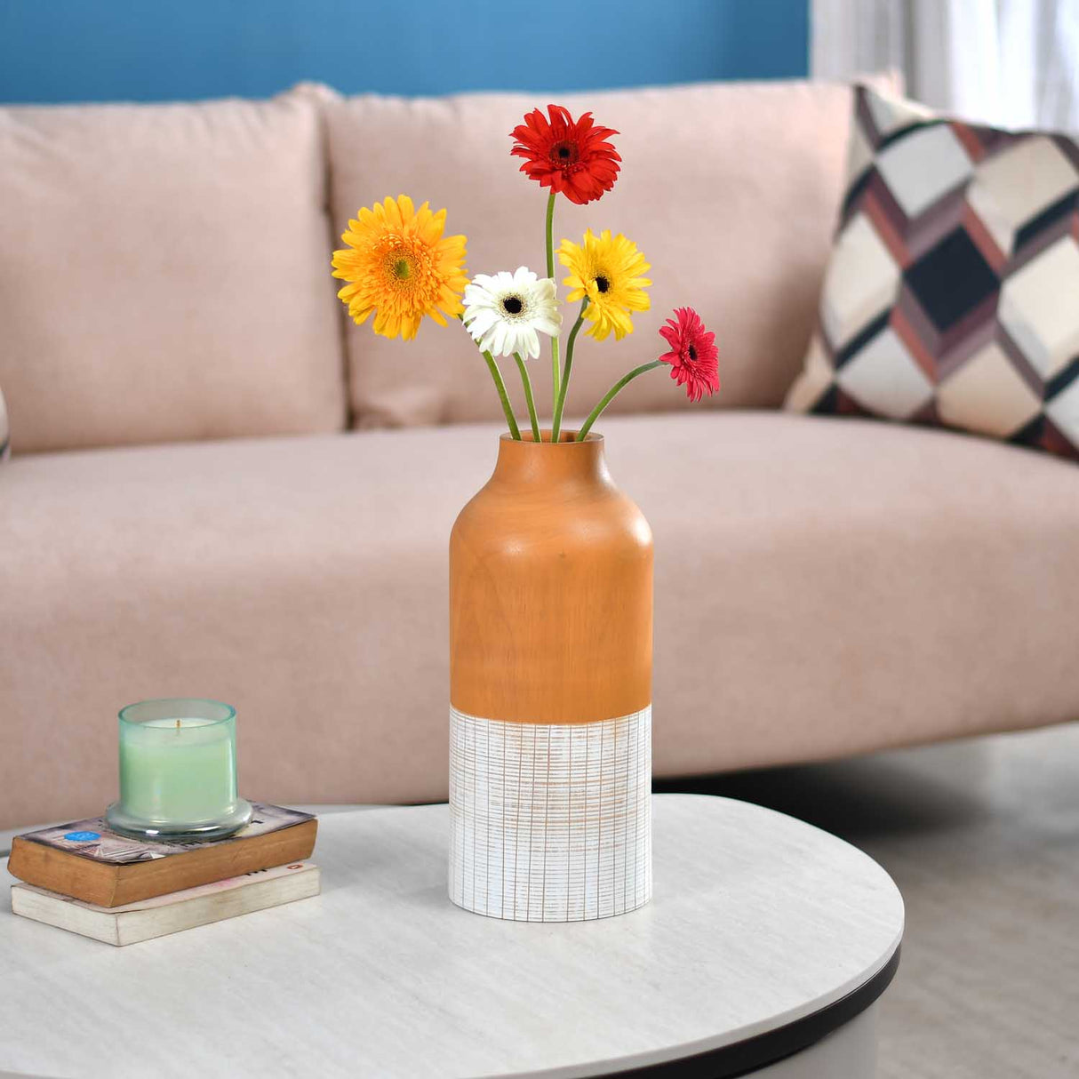 Dual Tone Wooden Table Vase Medium Size - Brown and White