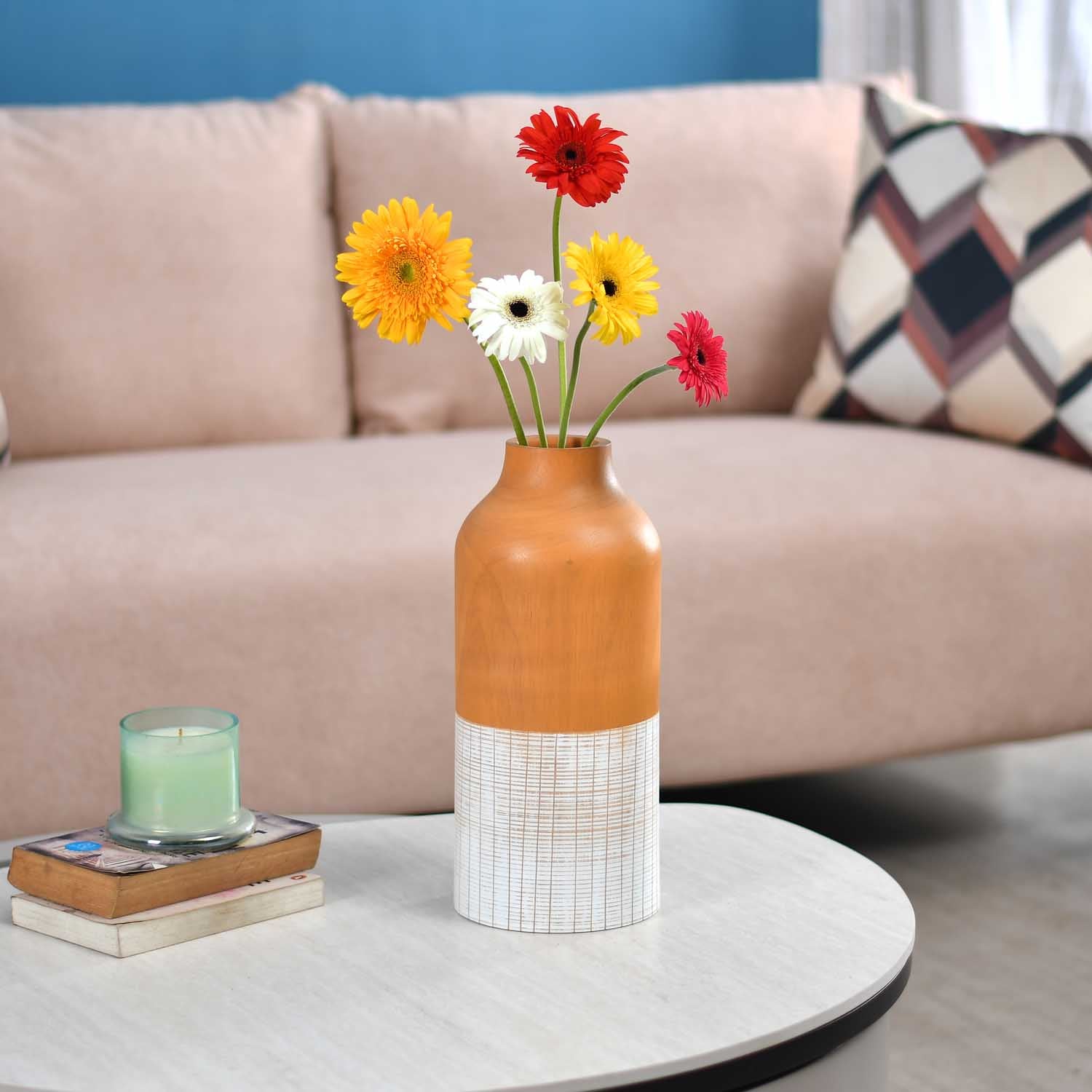 Dual Tone Wooden Table Vase Medium Size - Brown and White
