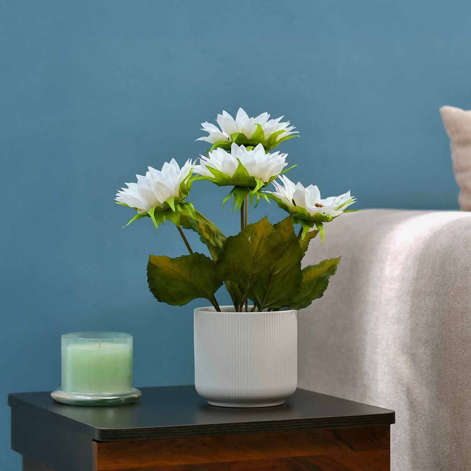 Artificial Sunflower Ceramic Potted Plant - White