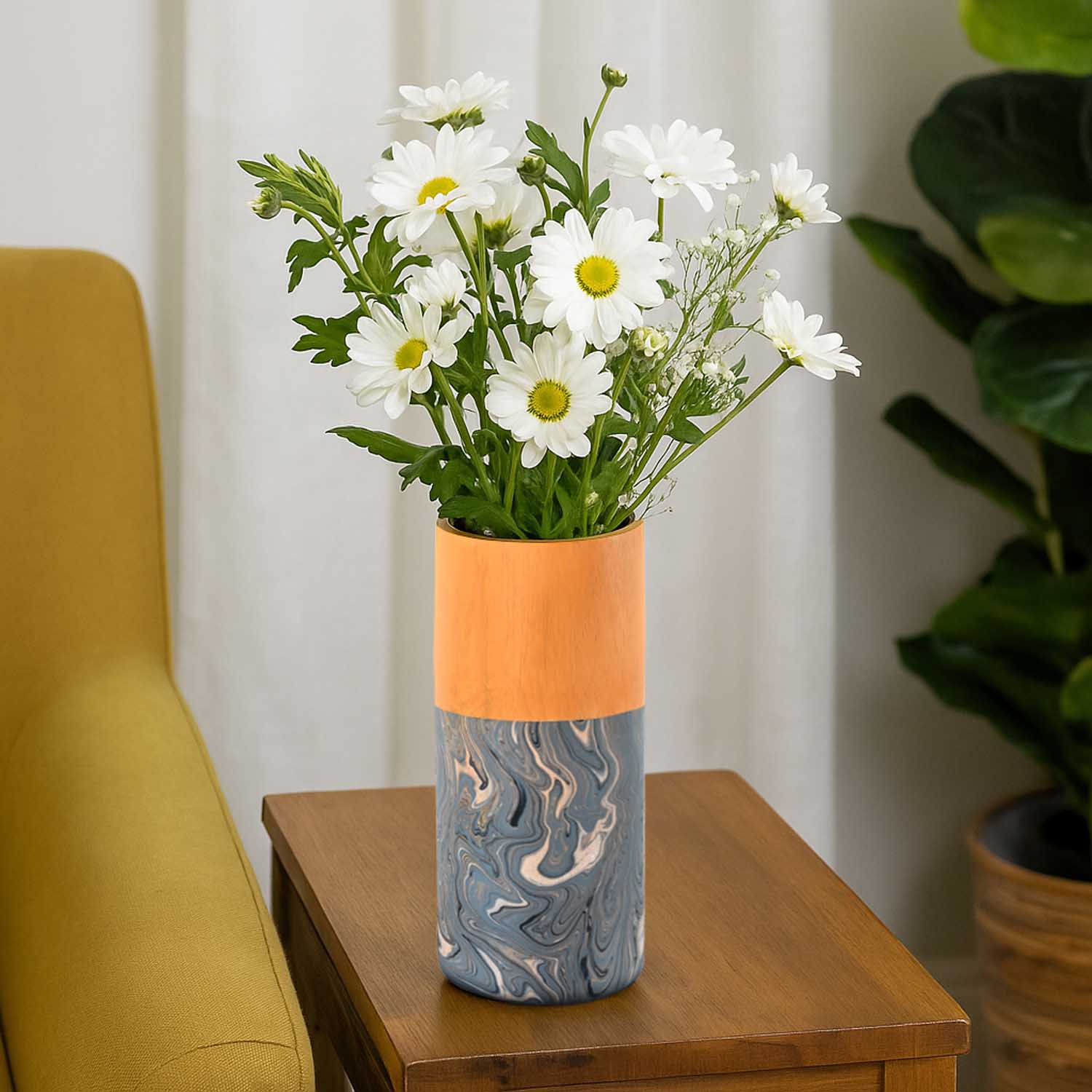 Dual Tone Wooden Table Vase Marble Finish Medium Size- Brown and Grey