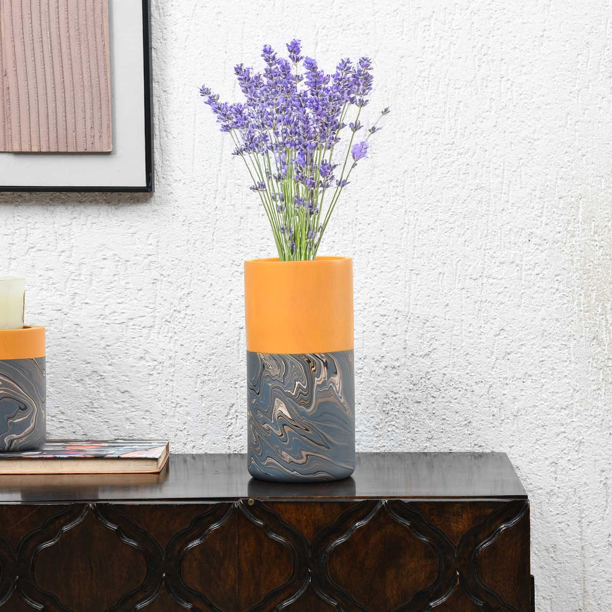 Dual Tone Wooden Table Vase Marble Finish Small Size- Brown and Grey