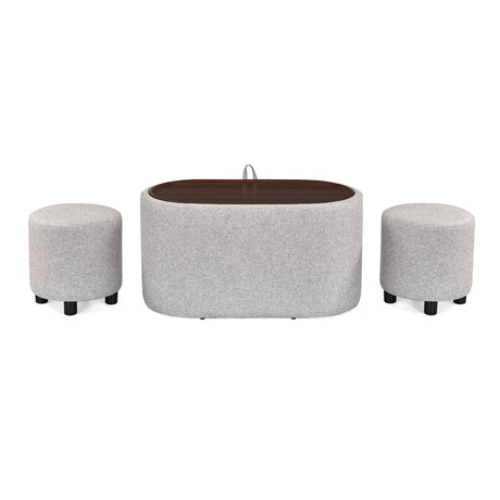 Dennis Center Table with Storage and 2 Poufs- Grey