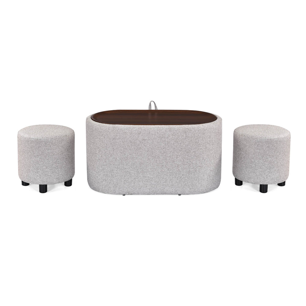 Dennis Center Table with Storage and 2 Poufs- Grey