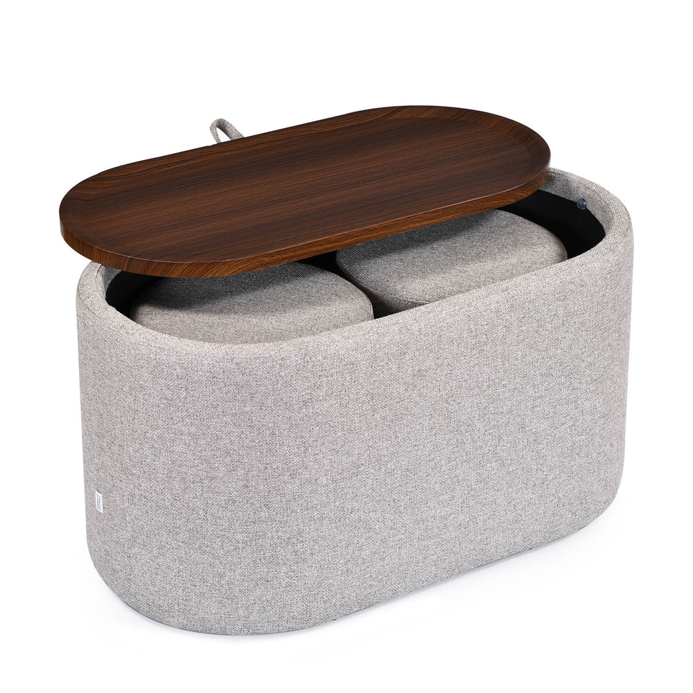 Dennis Center Table with Storage and 2 Poufs- Grey