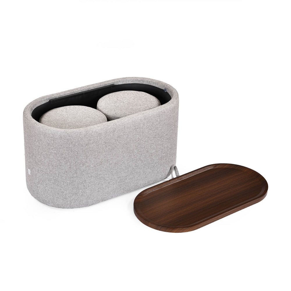 Dennis Center Table with Storage and 2 Poufs- Grey