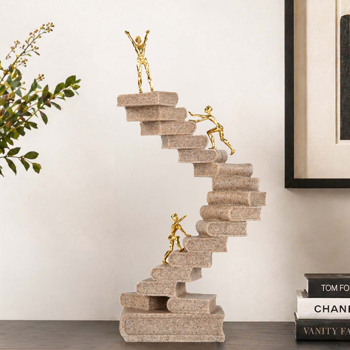 Book Staircase Decorative Polyresin Showpiece- Sand & Gold