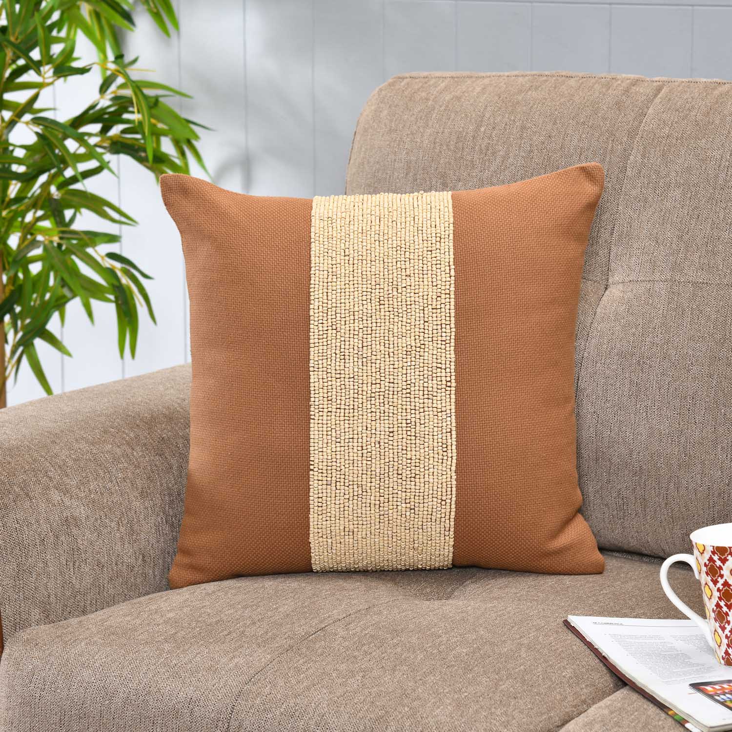 Hand Beaded Strap Pattern Cotton Cushion Cover- Rust