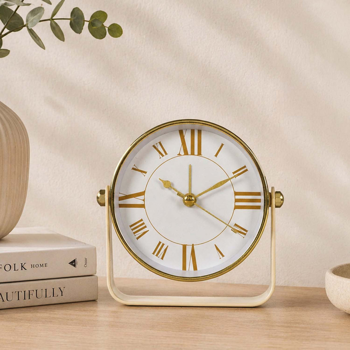 U-Shaped Stand Metal Table Clock- Gold & White
