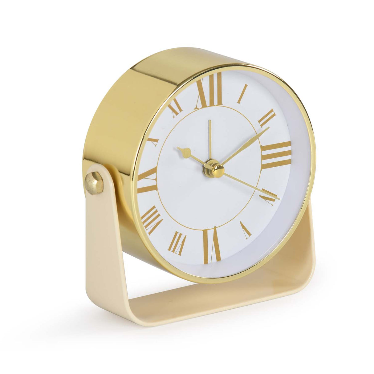 U-Shaped Stand Metal Table Clock- Gold & White