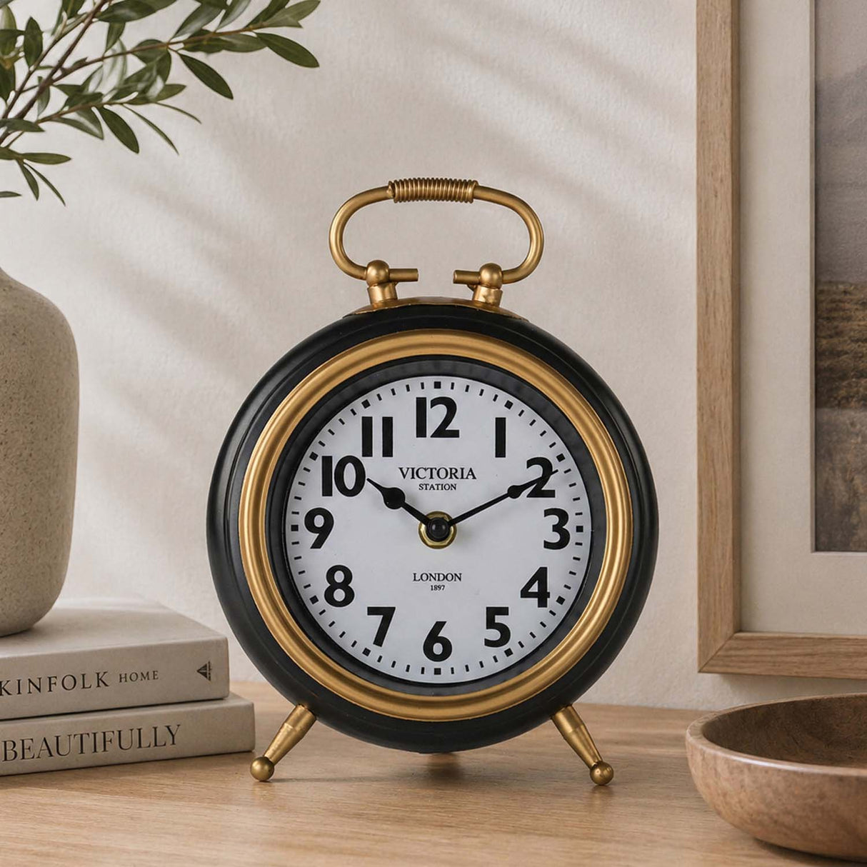 Classic Round Metal Table Clock- Gold & Black