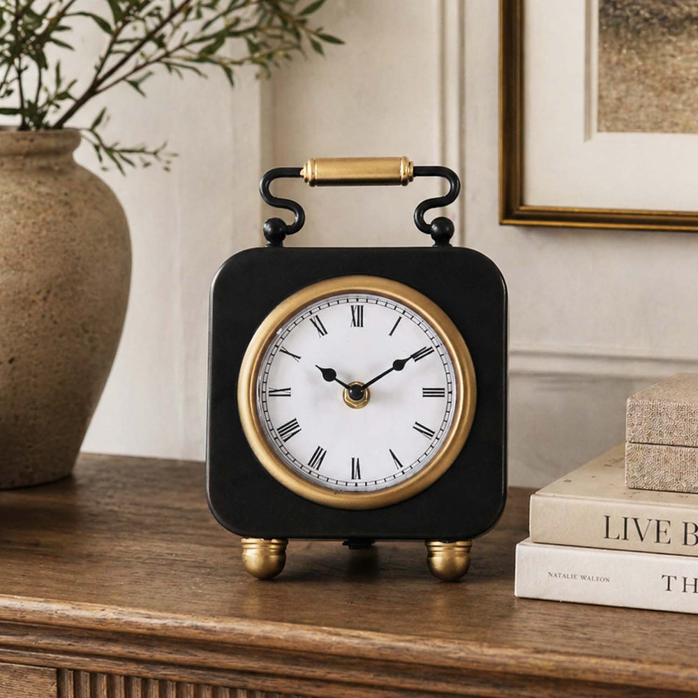 Classic Square Metal Table Clock- Gold & Black