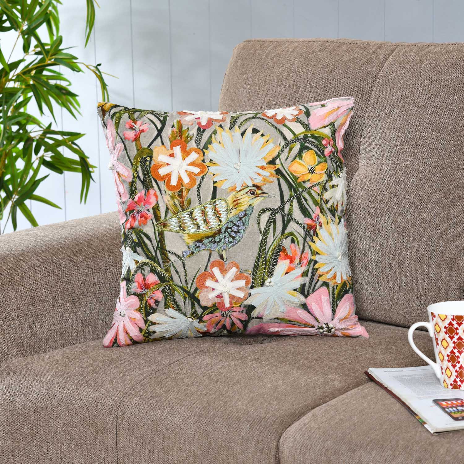 Floral Birds Cotton Cushion Cover- Multicolor