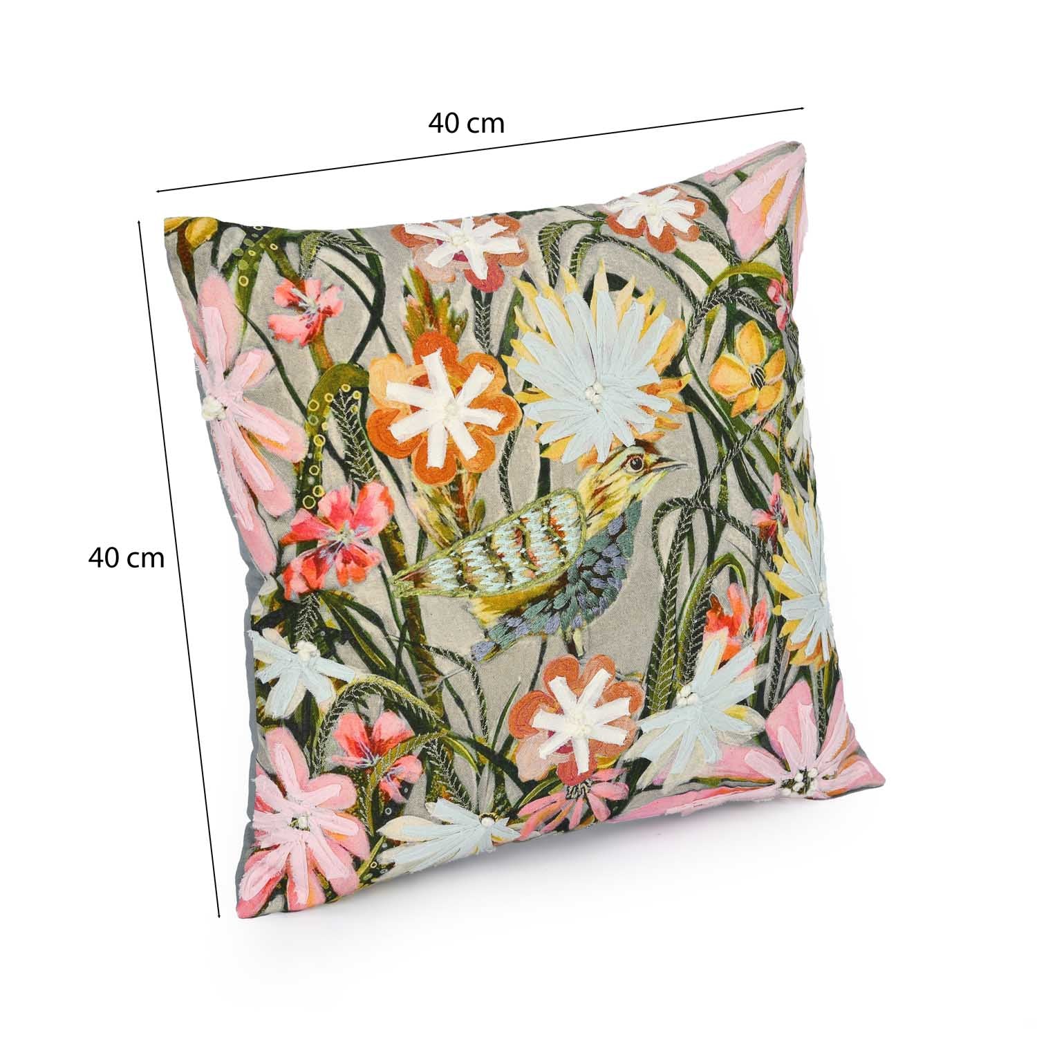 Floral Birds Cotton Cushion Cover- Multicolor