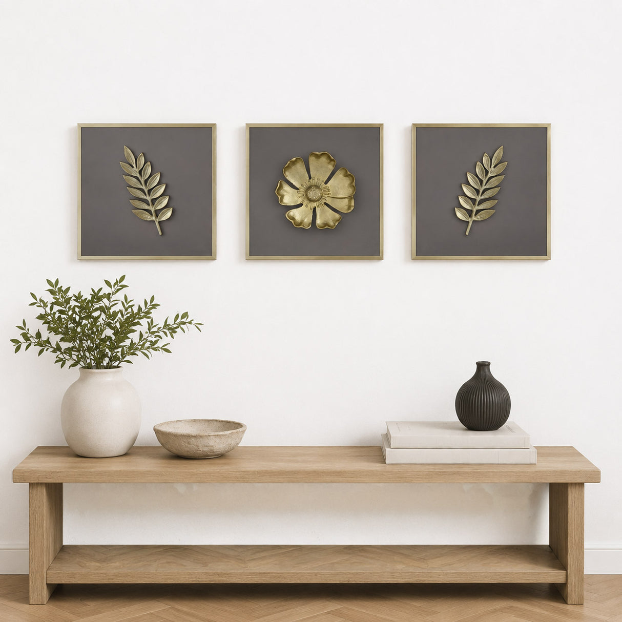 Botanic Metal & MDF Wall Art Set of 3- Gold & Cream