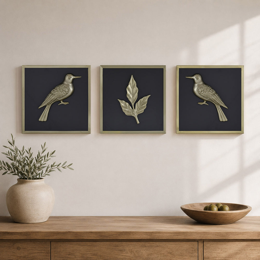 Birds and Leaf Metal & MDF Wall Art Set of 3- Gold & Brown